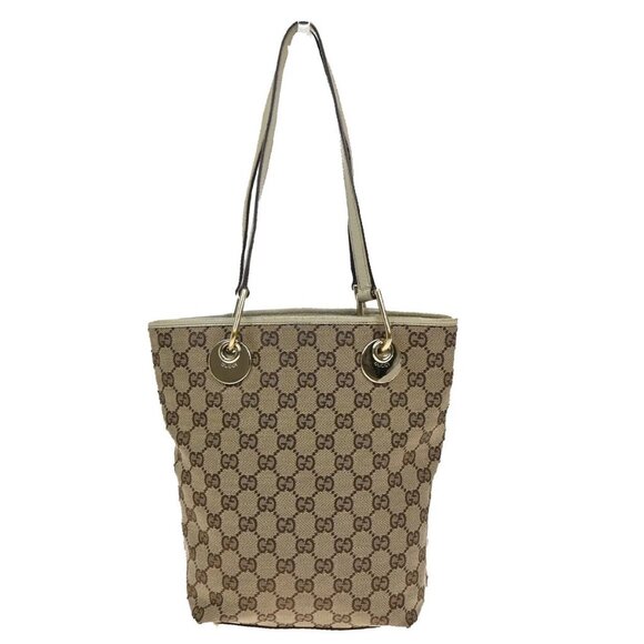 GUCCI Logo GG Pattern Shoulder Tote Bag Canvas Leather Brown White GHW 64KA689 - Picture 1 of 16
